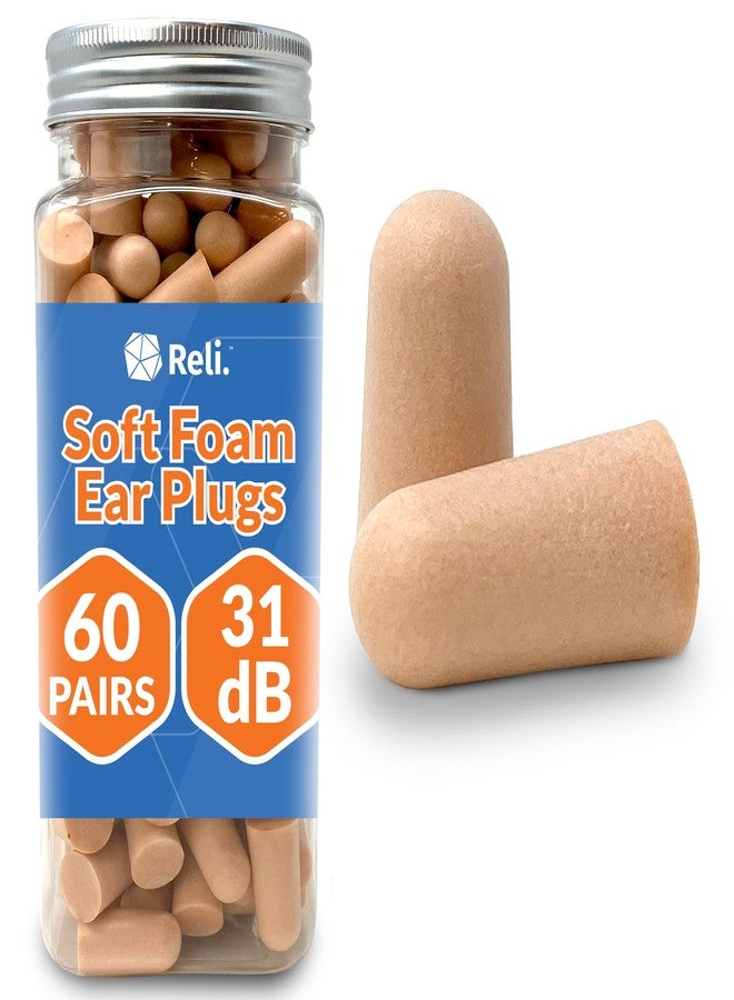 Reli. Foam Ear Plugs (60 Pairs) 31 dB NRR | Disposable Foam Ear Plugs for Sleeping Noise Cancelling | Blocks Loud Snoring, Concerts, Travel, Noise Reduction (Peach) - Image 1
